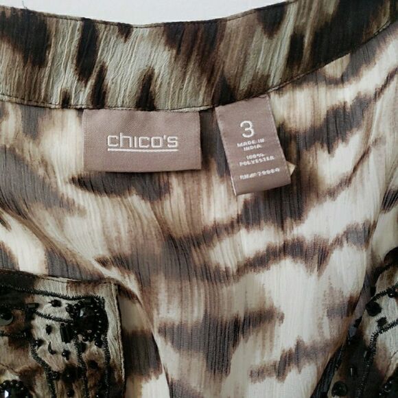 Chico's Chiffon Sequin Collar 3/4 Sleeve Sheer Blouse Lepoard Women 3 (XL) *FLAW - Picture 7 of 9